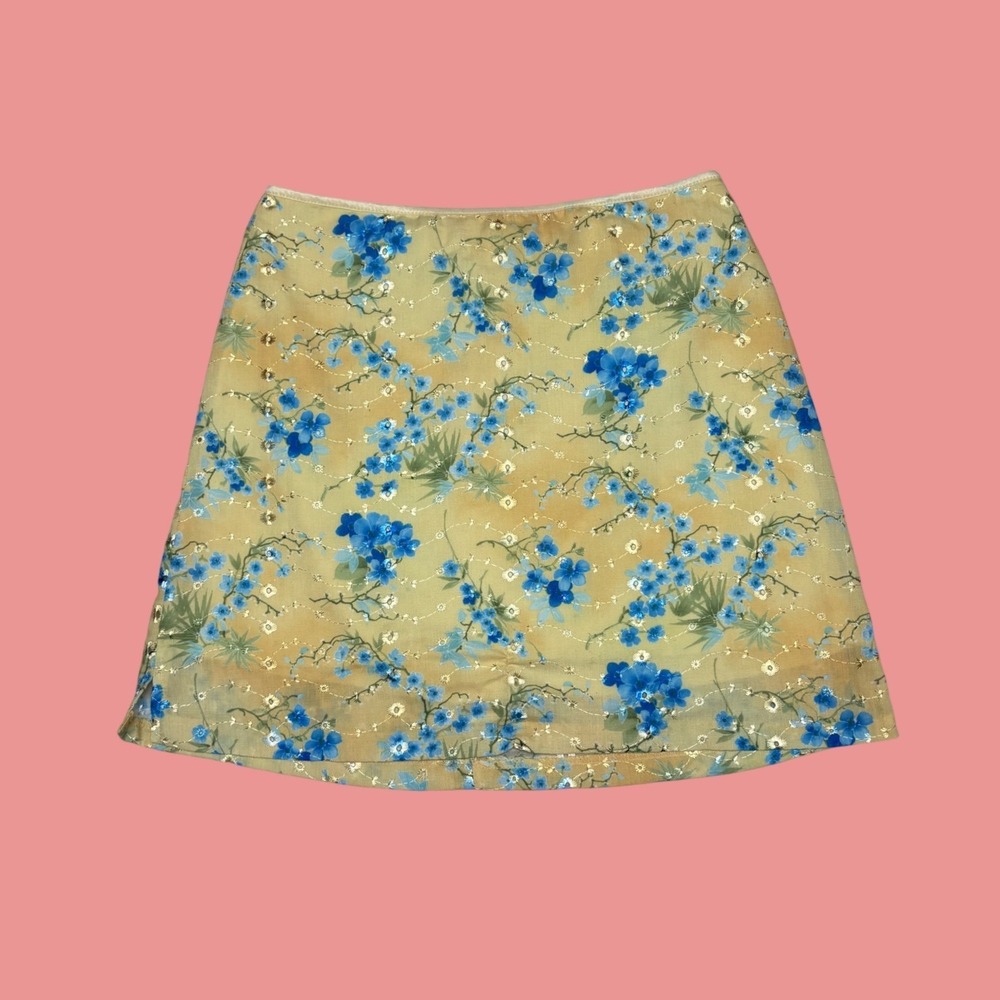 Exact Change Women Yellow Blue Floral Metallic Embroidered Mini Skirt Size 7